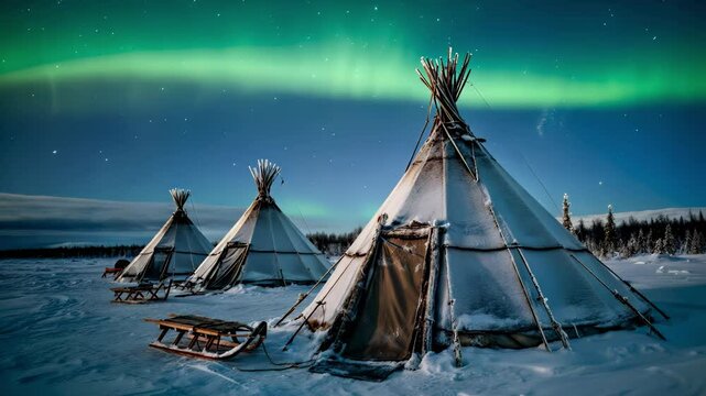 Evenki people gather under northern lights, surrounded by reindeer. Traditional nomadic lifestyle displayed under Arctic sky, reflecting resilience, cultural pride, and deep heritage. Northern concept