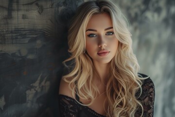 Portrait of a beautiful blonde woman with wavy hair wearing a delicate lace top