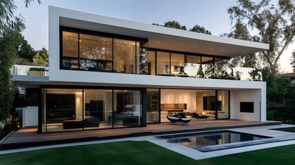 Fototapeta premium Modern house with white walls, black roof, and large glass windows