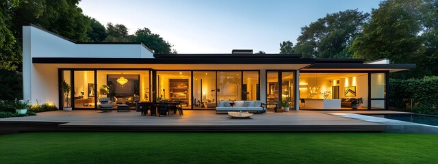 Modern house with white walls, black roof, and large glass windows