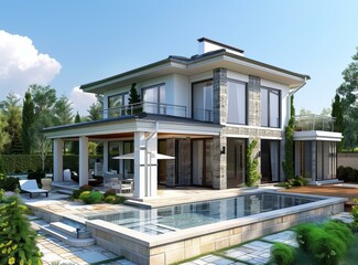 Modern Villa Exterior with Swimming Pool and Patio