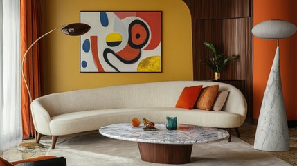 A retro-inspired mid-century living room with a curved sofa