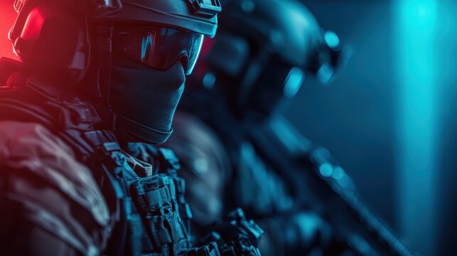 This dramatic image showcases heavily armored soldiers in tactical gear with dark visors, set against a backdrop of sharp red and blue lighting, highlighting intensity. - Powered by Adobe