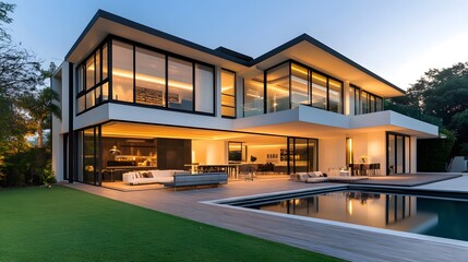 Modern house with white walls, black roof, and large glass windows