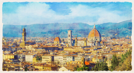 Panoramic view of the city center with Cathedral of Santa Maria del Fiore, Florence, Italy. Mountains in the background. Watercolor painting.