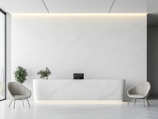 Broken white walls behind a sleek reception desk with clean lines, neutral seating, and minimalist lighting for a fresh, modern look