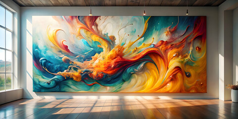 Abstract Expressionism: A vibrant, large-scale painting explodes with color and movement, filling a modern gallery space with energy and dynamism.