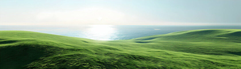 Green Rolling Hills Landscape Illustration. Green Landscape and Blue Ocean banner.