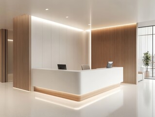 Broken white walls combined with minimalist lighting and natural wood accents for a soft, inviting receptionist space