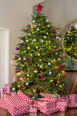 Decorated Christmas tree with presents underneath.