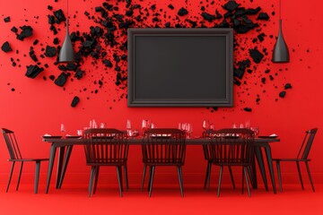 Modern dining room with a red wall, black furniture, and artistic decorations creating a vibrant atmosphere.