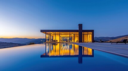Modern house with pool at dusk, showcasing stunning architecture and serene landscape.
