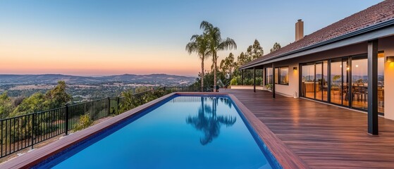 Fototapeta premium Modern house with a pool overlooking a scenic landscape at sunset.
