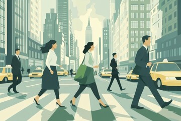 Fototapeta premium business people crossing the street in New York City, wearing work attire, busy city background, wide shot, simple flat colors Generative AI