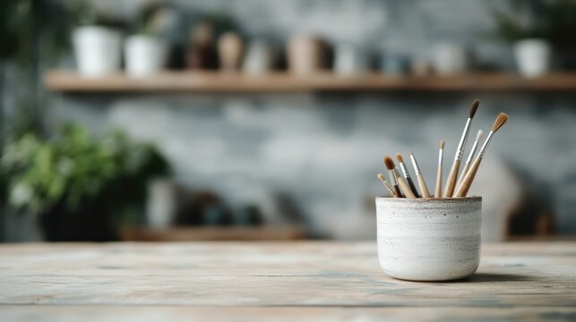 A serene studio scene showing a variety of paintbrushes in a rustic cup on a wooden table, with blurred shelves and potted plants in the background.