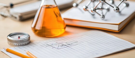 Scientific study materials with orange liquid, compass, notebook, and molecular structure on a wooden table.