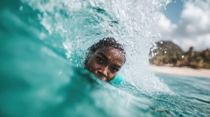 A person swims through a crystal-clear ocean wave, capturing the raw beauty and energy of the sea in a mesmerizing aquatic moment, exhibiting pure immersion.