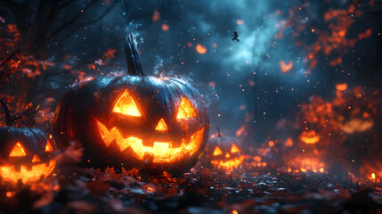 Fototapeta premium Glowing Jack-o'-lantern in a Spooky Forest Illustration. Flaming face pumpkins