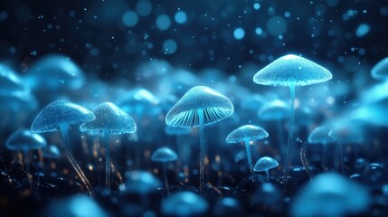 A mystical forest scene where ethereal glowing mushrooms display a wondrous dance of light, capturing the dreamlike quality and serene beauty of nature's secrets.