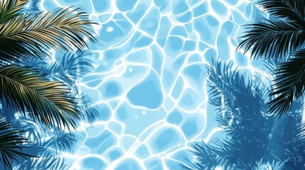 Serene Summer Pool Scene - Minimalist Anime Vector Illustration with Playful Shadows of Palm Trees and Mosaic Tiles