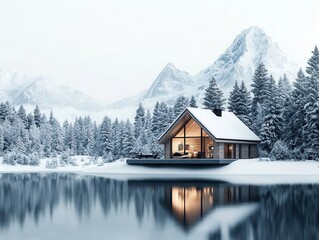 Fototapeta premium A cozy cabin nestled in an alpine forest, with panoramic windows overlooking a frozen lake and snow-covered peaks, peaceful winter atmosphere