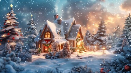 Fototapeta premium Snowy Christmas Village Scene with Cozy House