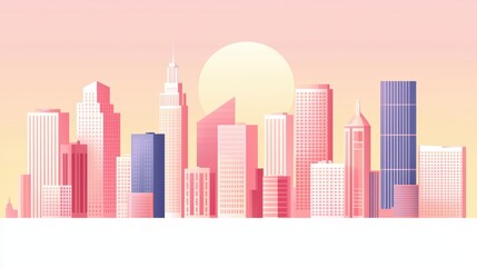 Obraz premium Stylish city skyline at sunset with pastel colors, showcasing modern architectural designs and a serene atmosphere.