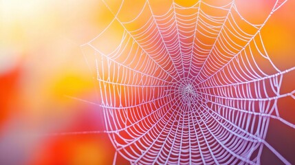 Intricate Spider Web with Dewdrops Against Vibrant Autumn Colors, AI
