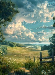 Fototapeta premium Scenic Rural Landscape with Fluffy Clouds
