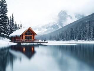 Fototapeta premium A cozy cabin nestled in an alpine forest, with panoramic windows overlooking a frozen lake and snow-covered peaks, peaceful winter atmosphere