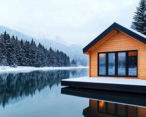 Fototapeta premium A wooden cabin with large glass windows, overlooking a panoramic view of a mountain river and snow-covered forests, soft winter light