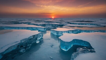 Burning sun on horizon, over glacier landscape. Nature and environmental protection concept. Two opposing and dissenting sides idea. Copy space.