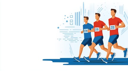 Three male runners competing in a race, wearing numbered shirts and shorts, with a modern abstract background.