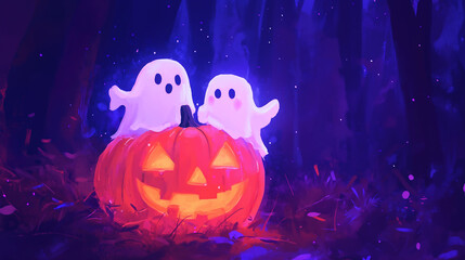 Cute and friendly ghosts flying around a pumpkin, Halloween celebration, in purple tones.