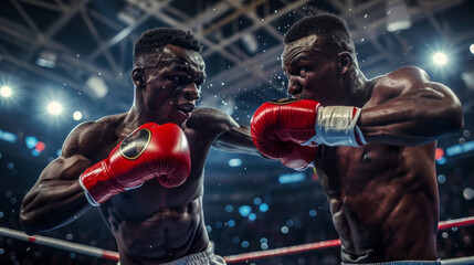 Two boxers are in the ring, one of them wearing a red glove