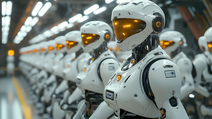 Fototapeta premium Futuristic 3D Render of a Row of White Robots