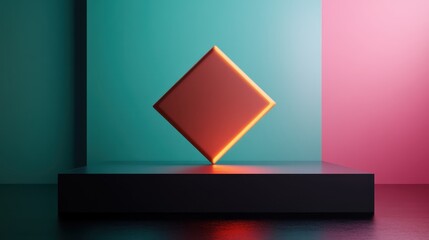 A glowing square object artistically positioned within a vivid dual-toned setting, contrasting vibrant teal and pink hues, showcasing a striking design aesthetic.