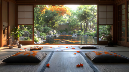 Japanese Style Room with Garden View 3D Illustration