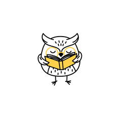 Cute owl teacher with book vector  doodle illustration