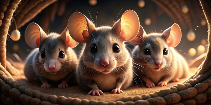 Three adorable blind mice with tiny ears exploring a cozy, whimsical environment in soft lighting