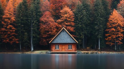Fototapeta premium A rustic cabin surrounded by autumn trees, offering panoramic views of a mountain lake and vibrant red and orange forests, warm and inviting