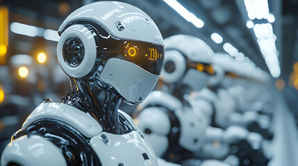 Fototapeta premium Futuristic Robot 3D Illustration - Row of Androids in an Industrial Setting