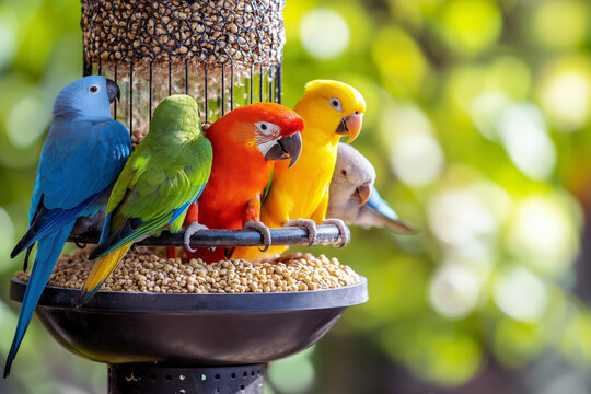 Exotic birds like parrots and parakeets enjoying a variety of seeds and grains in an intricate bird feeder.