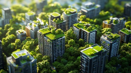 Aerial view of modern city building with green space.