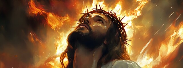 Jesus with a crown of thorns, looking up to heaven, wearing a white robe, with brown hair and a beard