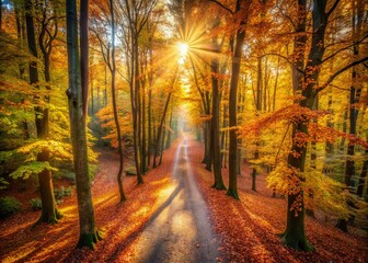 Obraz premium Tranquil Forest Pathway Covered in Autumn Leaves with Sunlight Streaming Through the Trees