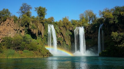 Fototapeta premium A breathtaking view of a majestic waterfall cascading down a rocky cliff with a rainbow forming in the mist.
