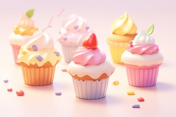 Five Colorful Cupcakes with Sprinkles on Pink Background