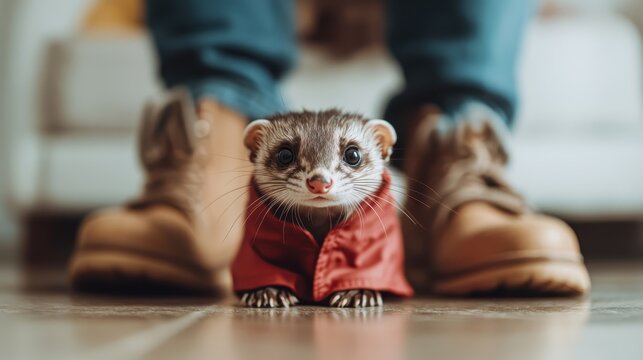 A charming ferret dressed in an adorable tiny red raincoat stands confidently beside a pair of brown boots, projecting curiosity and a sense of adventure indoors.
