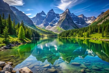 Fototapeta premium Tranquil Mountain Lake Surrounded by Lush Greenery and Majestic Peaks Under Clear Blue Sky